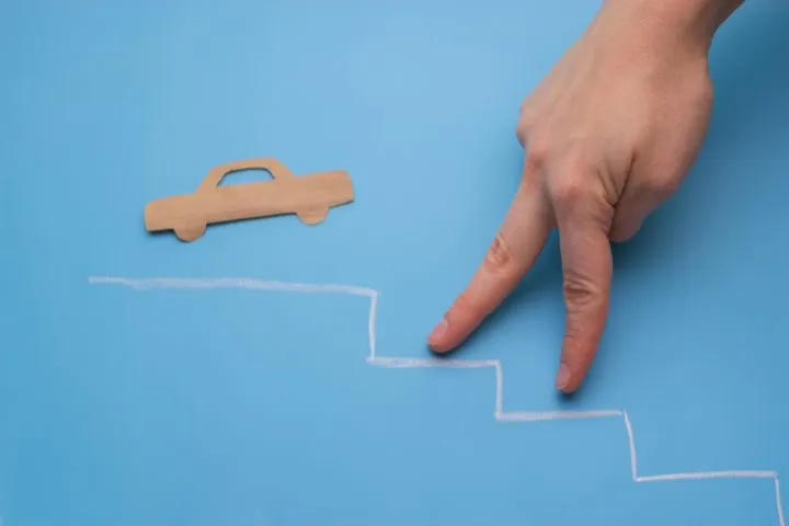 人を指に見立てて一番高いところに車の切り絵がある階段を登る様子を示したイメージ