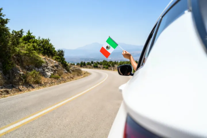 車の窓からメキシコ国旗を振っている画像
