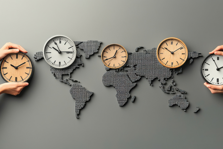 地図の上に時計を持った手が描かれており、世界のタイムゾーンと時間管理を象徴している画像