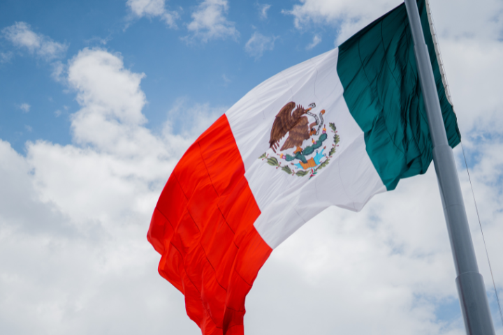 青空を背景にしたメキシコ国旗の画像