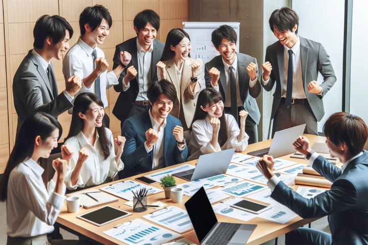ガッツポーズで売り上げアップを喜びあう日系企業の職場の社員たち