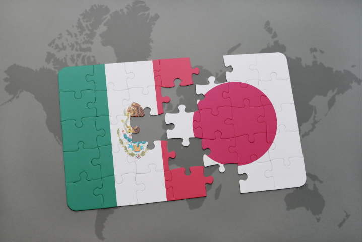 世界地図を背景に、メキシコと日本の国旗が描かれたパズル