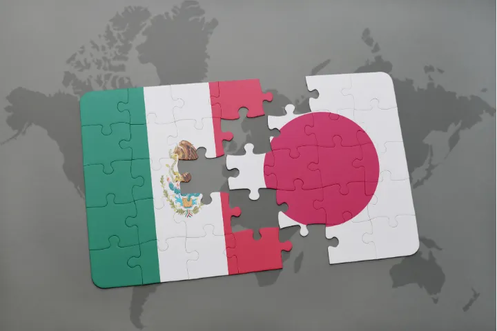 世界地図を背景に、メキシコと日本の国旗が描かれたパズル