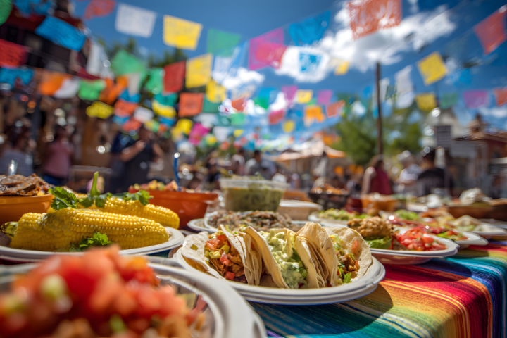 タコス、コーンサルサ、カラフルな装飾で彩られた本格的なメキシコ料理のフィエスタパーティーを屋外で開催するイベントの画像