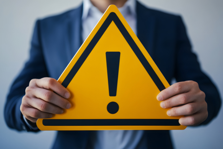 注意マークを持つスーツ姿の男性