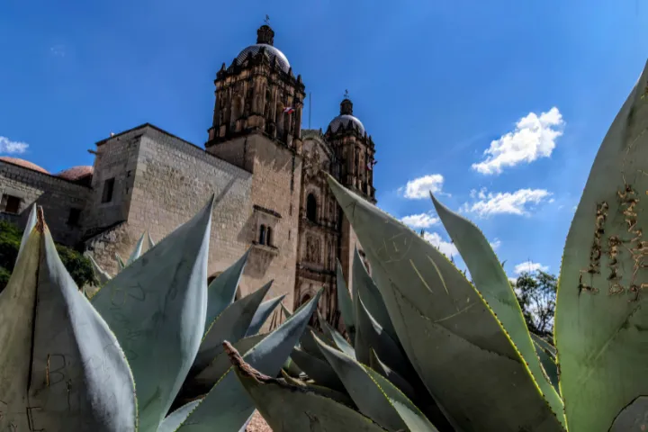 青空の下に佇むメキシコのオアハカにあるサント・ドミンゴ教会の画像