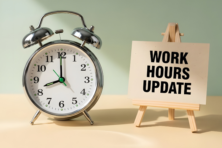 目覚まし時計とwork hoursと書かれたカードの画像