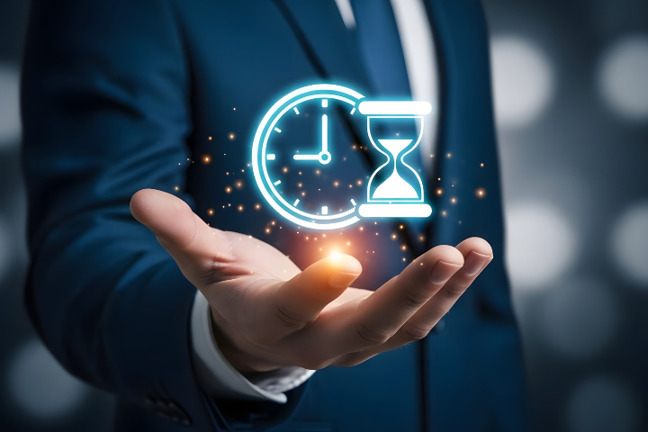 掌の上にのせた時計と砂時計のイメージ画像