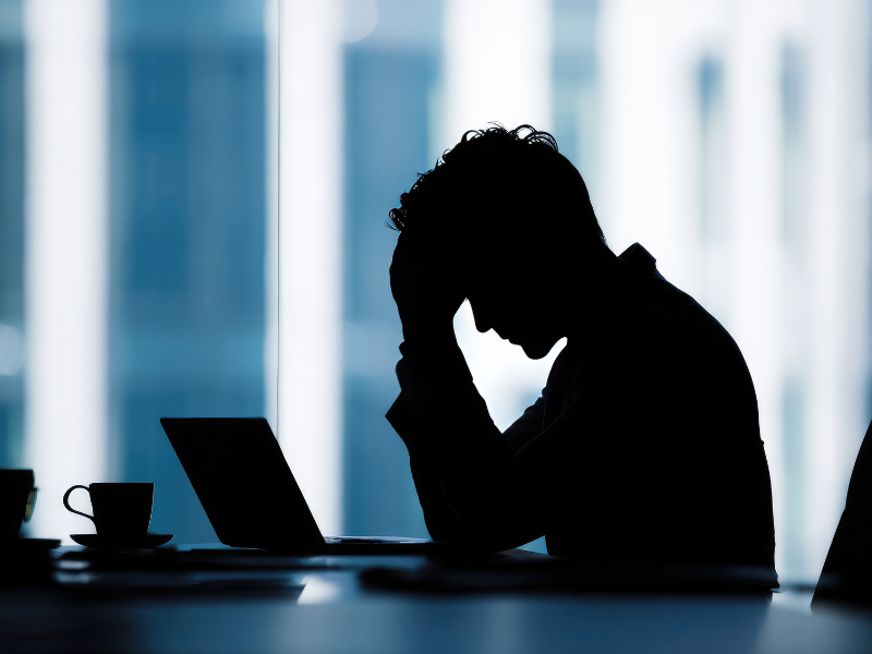 頭を押さえて悩む人の影の画像