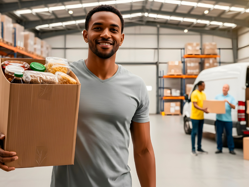 倉庫で働くアメリカ人の画像