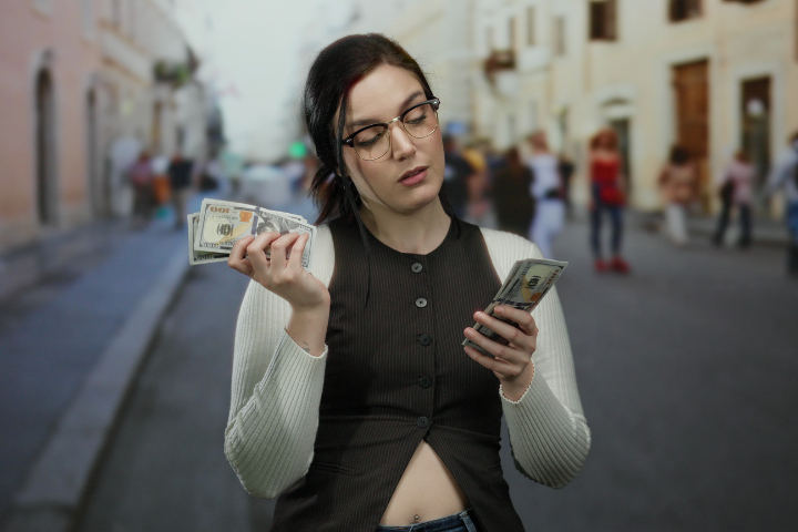 お金を手に持つ女性の画像