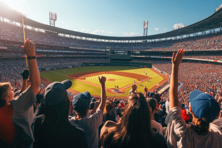 スタジアムで野球観戦している画像