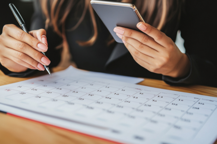スマホを見ながらカレンダーをチェックする人の画像