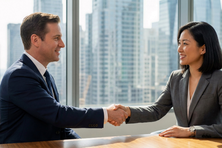 オフィスで握手を交わすビジネスマンの画像