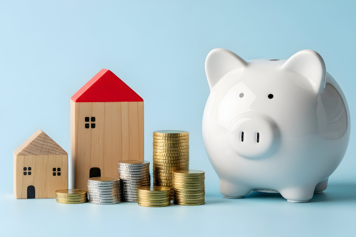 家とお金と貯金箱の画像
